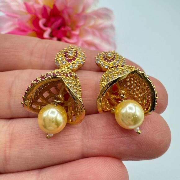 Jeweled Jhumka Drop Earrings Bell Chime Sound India Wedding CZ Ruby? Occasion - Picture 4 of 11